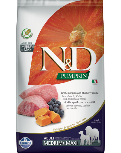 FARMINA N&D Pumpkin lamb&blueberry Adult Medium Maxi 12 kg krmivo pro dospělé psy středních a velkých plemen + 3 x FARMINA N&D Pumpkin Dental Treat Lamb Blueberry Mini 60 g (7 ks) ZDARMA!